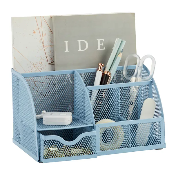 Annova Mesh Desk Organizer Office with 7 Compartments + Drawer/Desk Tidy Candy/Pen Holder/Multifunctional Organizer (New Blue 23) - New Blue 23