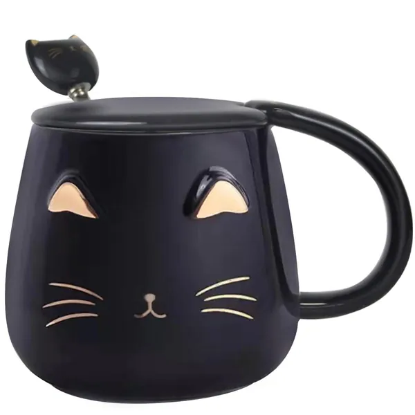 YUWU Cat Mug Cute Coffee Mug gifts for cat lovers Ceramic Cup, Novelty Mug with Lid and Stainless Steel Spoon, Christmas Birthday Gifts Present for kids Women Girls (Black) - Black