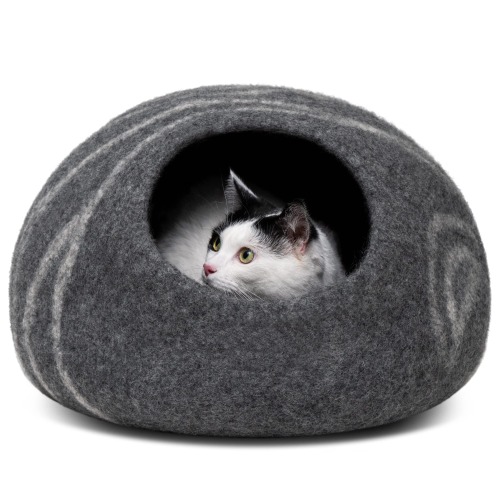 MEOWFIA Premium Felt Cat Bed Cave - Handmade 100% Merino Wool Bed for Cats and Kittens (Dark Grey, Large) - L (Pack of 1) - Dark Grey