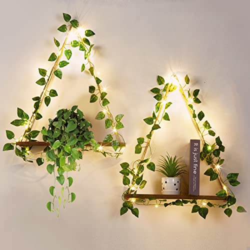 LUNKOEN Ivy Lighting Organize String Wooden Hanging Shelves Braided Rope[Set of 2],Floating Shelves for Living Room Wall Decor,Hanging Plant Wall Shelf - Large - Green Decor With Led-strip