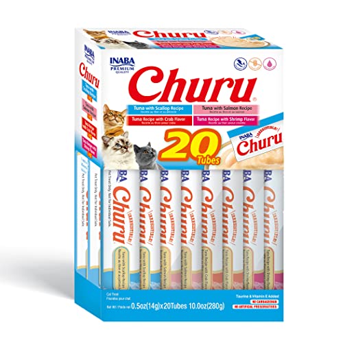 INABA Churu Cat Treats, Grain-Free, Lickable, Squeezable Creamy Purée Cat Treat/Topper with Vitamin E & Taurine, 0.5 Ounces Each Tube, 20 Tubes, Tuna & Seafood Variety Box - Tuna & Seafood Variety Box - 10.00 Ounce (Pack of 1)