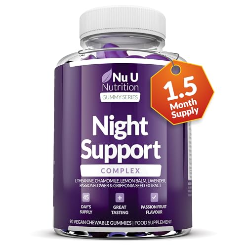 5HTP Bedtime Sleep Gummies for Adults - 90 Vegan Melatonin Alternative Gummies - Passionfruit Taste - High Strength Griffonia Simplicifolia, L-Theanine, Lavender & Chamomile - Nu U Nutrition