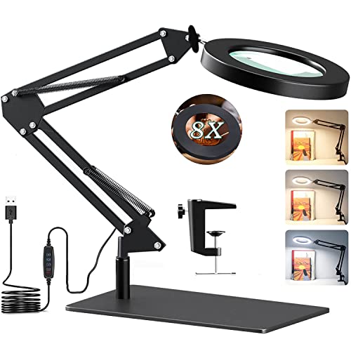 8X Magnifying LED Desk Lamp with Base & Clamp,Dimmable Magnifying Glass,3 Color Modes,10 Adjustable Brightness 2-in-1Magnifying Glass with Light and Stand,Adjustable Swivel Arm Lamp Craft Light - 8X