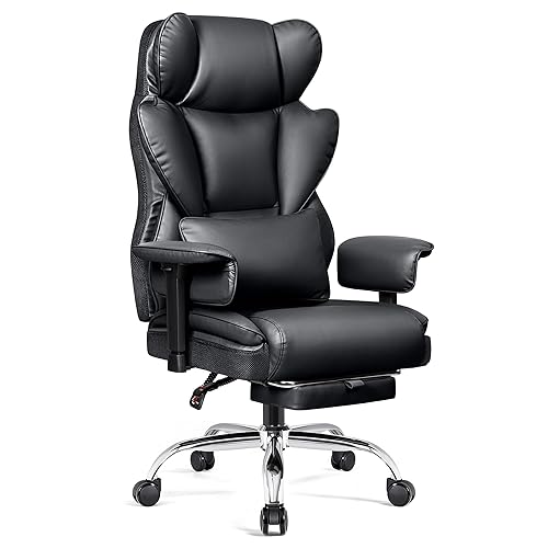 BESTFAIR Home Office Desk Chair 500Lb, Comfy Ergonomic Office Chair with Footrest, PU Leather Office Desk Chairs for Heavy People, High Back Executive Office Chair with Lumbar Support, Black - Black