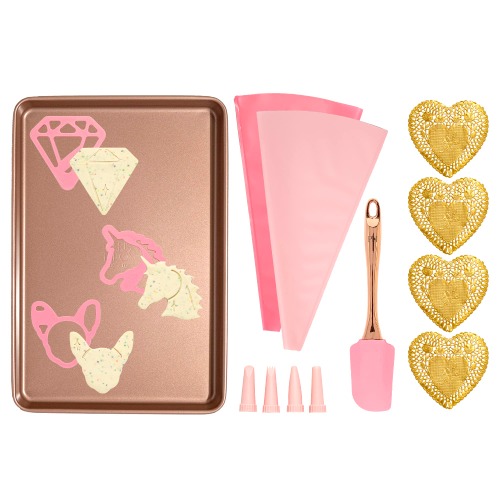 Paris Hilton Cookie Decorating Set with Nonstick Cookie Baking Sheet, Iconic Cookie Cutter Shapes, Reusable Piping Bags and Decorating Tips, Silicone Spatula, Pink - 