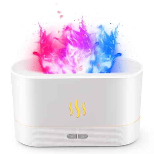 Colorful Flame Air Aroma Diffuser Humidifier, Upgraded 7 Flame Color Noiseless Essential Oil Diffuser for Home,Office,Yoga with Auto-Off Protection 180ml (8Hours White) - White