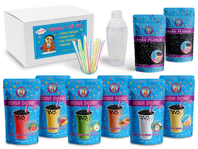 The Original Ultimate D.I.Y. Boba / Bubble Tea Kit, 60+ Drinks, 6 Flavors, Boba Pearls, Straws and Shaker (Fruity) - FRUITY