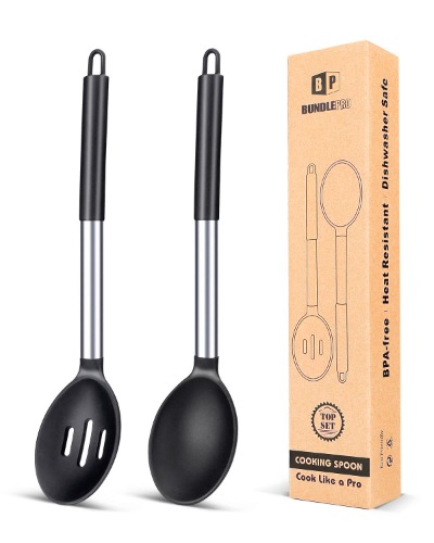 Pack of 2 Large Silicone Cooking Spoons,Non Stick Solid Basting Spoon,Heat-Resistant Kitchen Utensils for Mixing,Serving,Draining,Stirring (BLACK) - Black