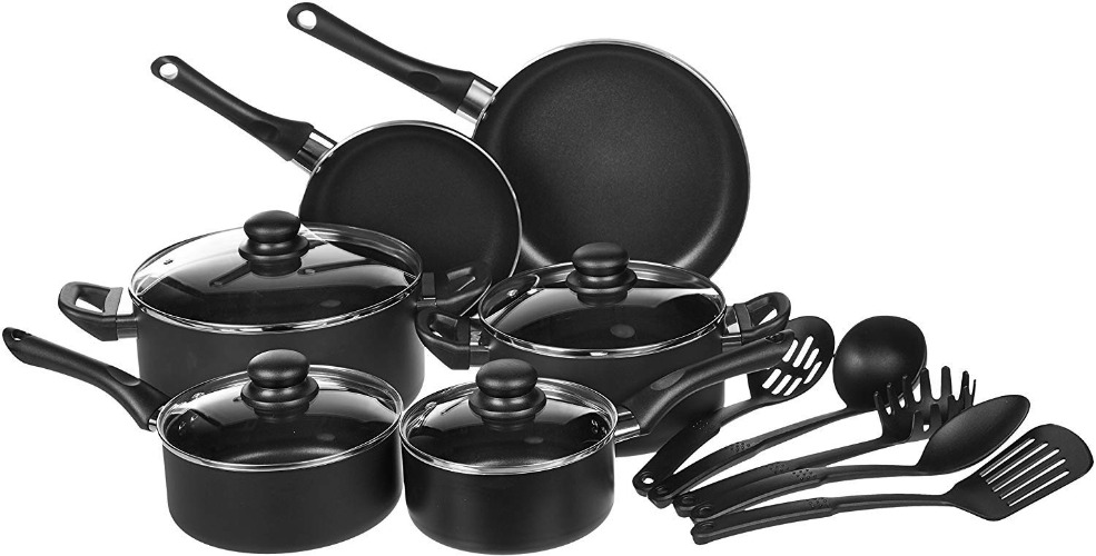 Amazon Basics Non-Stick Cookware Set, Pots, Pans and Utensils - 15-Piece Set - 15-Piece Set Cookware Set