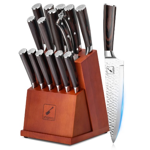 Knife Set, imarku 16-Pieces Hammered Kitchen Knife Set with Block, Japanese HC Stainless Steel Knives Set for Kitchen, Premium Pakkawood Handles Knife Block Set, Ultra Sharp - 16pcs Knife Set
