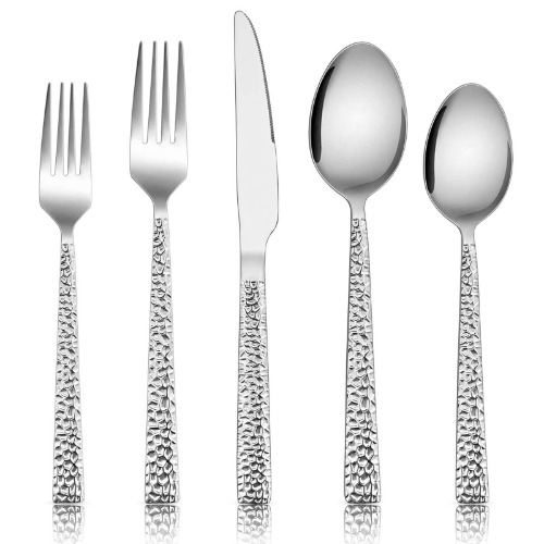 20-Piece Hammered Silverware Set, E-far Stainless Steel Square Flatware Set Service for 4, Tableware Cutlery Set Includes Forks Spoons Knives, Modern Design & Mirror Finish - Dishwasher Safe - 20-Piece for 4