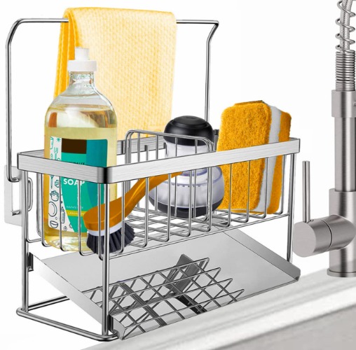iBigLY Sponge Holder Kitchen Sink Caddy Organizer, 304 Stainless Steel Kitchen Soap Dispenser Caddy Organizer with Auto Drain Tray, Sink Rack for Kitchen & Bathroom Holding Sponge and Towel (Silver) - Silver