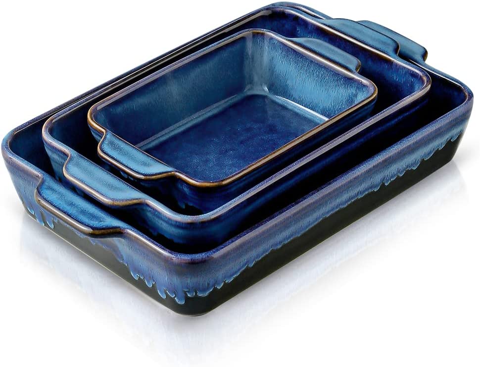 KOOV Bakeware Set, Ceramic Baking Dish Set, Rectangular Casserole Dish Set, lasagna Pan, Baking Pans Set for Cooking, Cake Dinner, Kitchen, 9 x 13 Inches, Reactive Glaze 3-Piece (Nebula Blue) - Nebula Blue