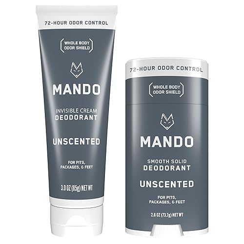 Mando Whole Body Deodorant - Invisible Cream Tube and Solid Stick - 72 Hour Odor Control - Aluminum Free, Baking Soda Free, Skin Safe - 3.0 Ounce Tube and 2.6 Ounce Solid Stick Bundle - Unscented - Unscented