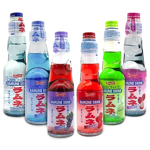 Shirakiku Ramune Japanese Soda Variety Pack | Japanese Marble Soda in Multiple Flavors | Original, Strawberry, Melon, Lychee, Grape, Blueberry - 6.76 fl oz Bottles - Pack of 6