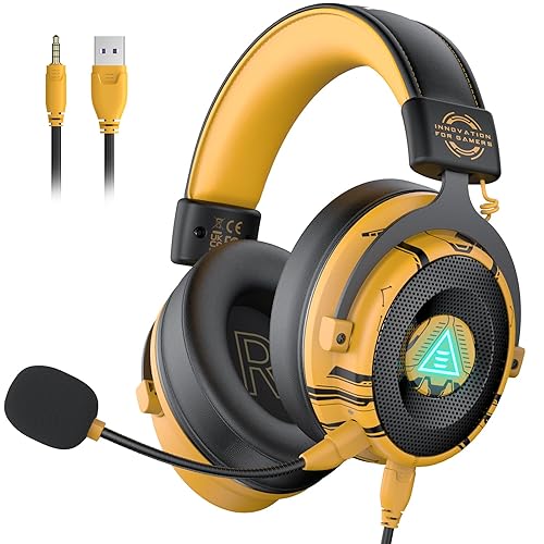EKSA USB Gaming Headset for PC - Computer Headset with Detachable Noise Cancelling Mic, 7.1 Surround Sound, 50MM Driver - Headphones with Microphone for PS4/PS5, Xbox One, Laptop, Gamer - Yellow