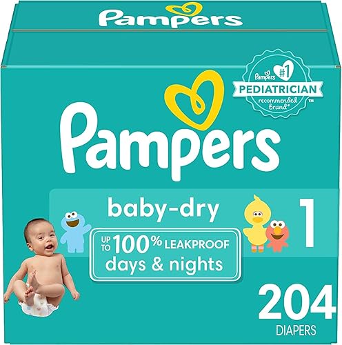 Pampers Baby Dry Diapers - Size 1, 204 Count, Absorbent Disposable Diapers - Size 1 - 204