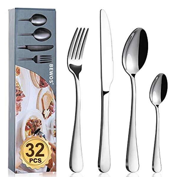 Cutlery Set, BEWOS 32 Piece Stainless Steel Flatware Set, Tableware Silverware Set with Spoon Knife and Fork Set, Service for 8, Dishwasher Safe/Easy Clean, Mirror Polished - Silver