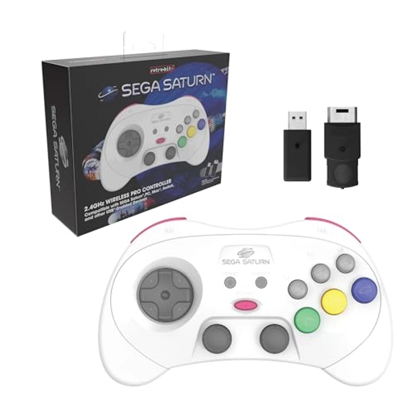 Retro-Bit SEGA Saturn® 2.4GHz Wireless Pro Controller for Sega Saturn, Sega Mega Drive Mini, Switch, PC, Mac - White