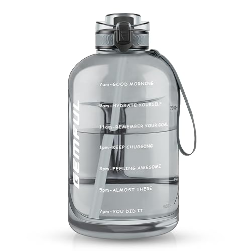 GEMFUL 3 Liter Water Bottles with Handle Motivational BPA Free Big Jugs for Fitness Sports - Gray