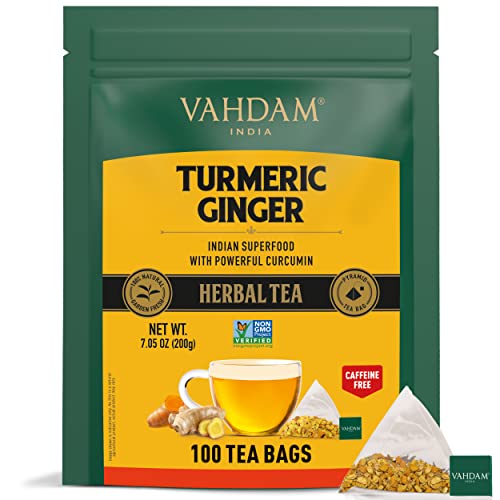 VAHDAM, Turmeric Ginger Tea Bags (100 Pyramid Tea Bags) Caffeine Free, Blend of 100% Real Spices - Turmeric Tea, Ginger Tea | Powerful Superfood, Herbal Tea - Turmeric Ginger Herbal Tea