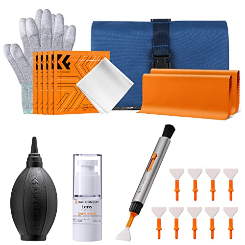 K&F Concept 23 in 1 Camera Lens Cleaning Kit for DSLR Filter with Replaceable Cleaning Pen+Air Blower+Cleaning Liquid+Cleaning Cloth*2+Full-frame Swab*10+Vacuum Cleaning Cloth*6+Anti-static Gloves - Upgraded 23-in-1（With Liquid）