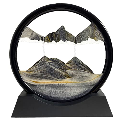 SANDCLE Moving Sand Art Picture - Sand Painting Liquid Motion Decor, 3D Deep Sea Sandscape, Round Glass Frame Display Flowing Sand Relaxing Decoration for Desktop Home Office Work (Black, 12") - Black - 12 inches