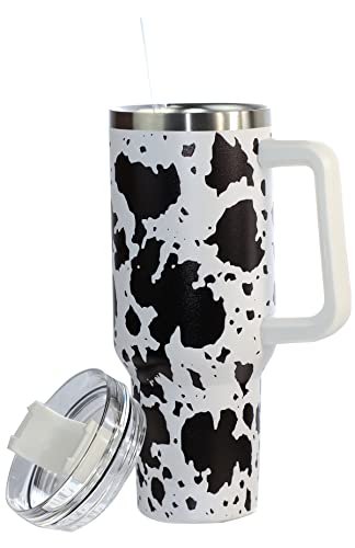 QEAGVJ 40oz Cow print Insulated Tumbler With Lid and Straws,Stainless Steel Coffee Tumbler with handle,Double Vacuum Leak Proof Travel Mug Coffee Mug Cup Water Bottle For Home, Office, Party… - Cow