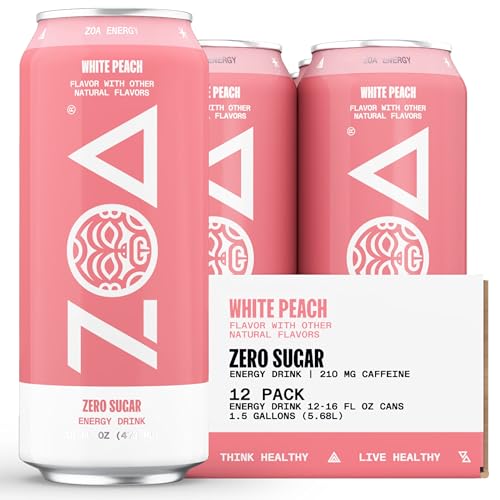 ZOA Zero Sugar Energy Drinks, White Peach - Sugar Free with Electrolytes, Healthy Vitamin C, Amino Acids, Essential B-Vitamins, and Caffeine from Green Tea - 16 Fl Oz (12-Pack) - White Peach - 16 Fl Oz (Pack of 12)