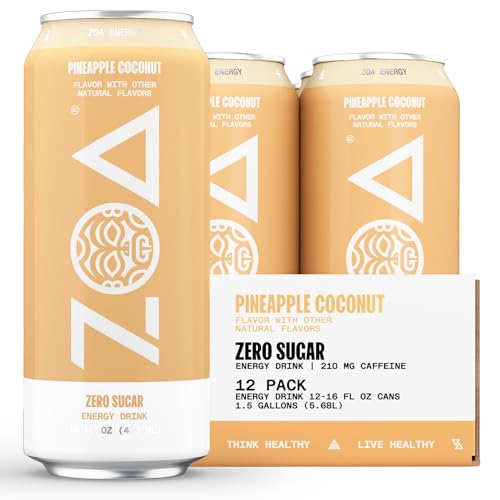 ZOA Zero Sugar Energy Drinks, Pineapple Coconut - Sugar Free with Electrolytes, Healthy Vitamin C, Amino Acids, Essential B-Vitamins, and Caffeine from Green Tea - 16 Fl Oz (12-Pack) - Pineapple Coconut - 16 Fl Oz (Pack of 12)