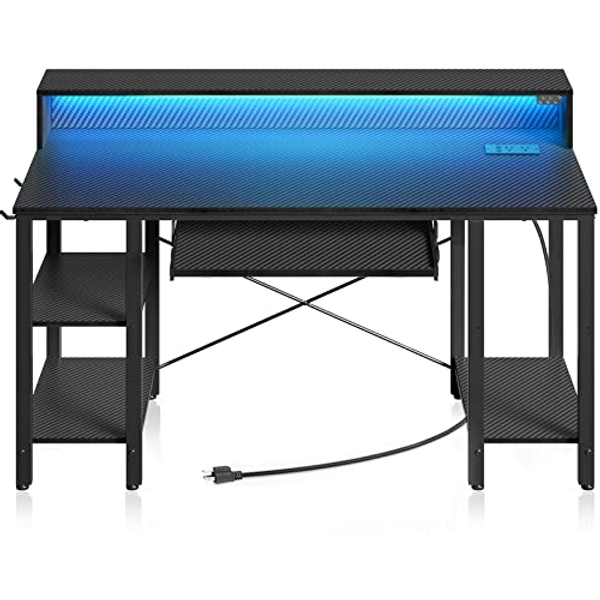 Rolanstar Computer Desk with LED Lights & Power Outlets, 47” Gaming Desk with Storage Shelves, Home Office Desk with Keyboard Tray & Monitor Stand, with Hooks, Carbon Fiber Surface Black - Carbon Black - 47 inch