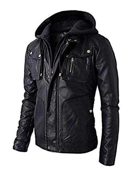 Koza Leathers Men's Leather Jacket Genuine Lambskin Leather Biker Jacket Detachable Hood Jacket - X-Large (Fit to chest 42) - Black