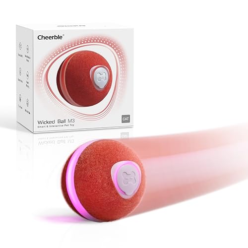 Cheerble 【2025 Upgrade】 Interactive Cat Ball Toy, Wicked Ball M3, Automatic Moving Ball Toy for Indoor Cat Kitten, Smart Anti-Depression Pet Toy Fun Gift with Light - Red