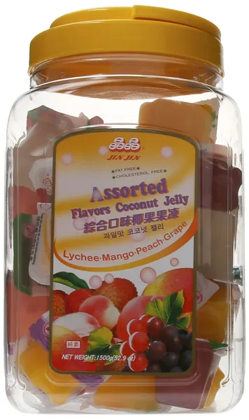 Jin Jin Assorted Fruit Coconut Candy Lychee Mango Peach and Grape Jelly Cups 52.9 Ounce Container