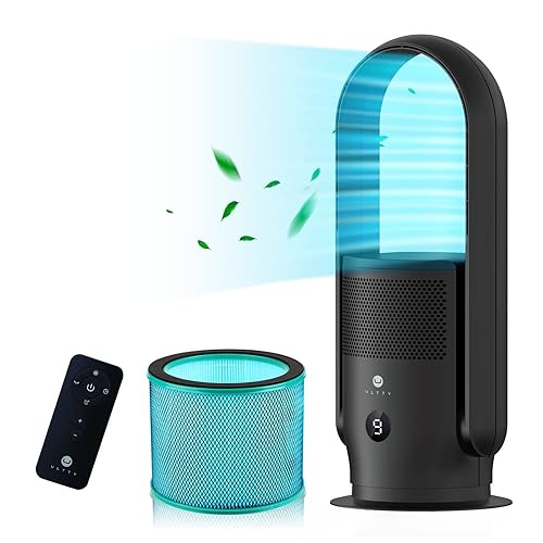 ULTTY Bladeless Tower Fan and Air Purifier in one, 90° Oscillating Bladeless Fan with Remote, Touch, 8H Timer, Floor Fans for Bedroom Whole Room Home Office R021, Black - Black - CR021