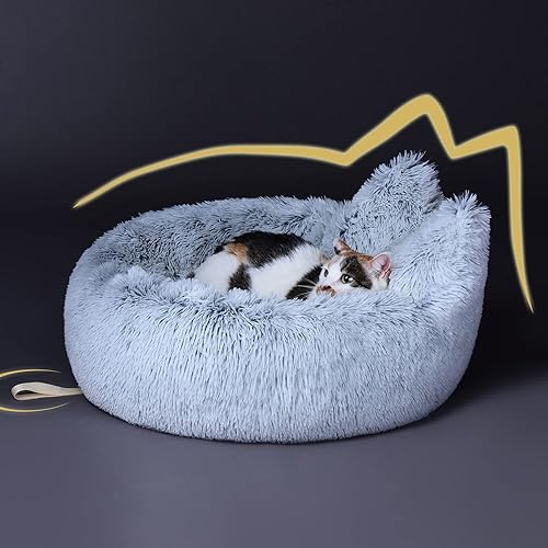 Lazy Rabbit Upgrade Cat Bed, Cat Beds for Indoor Cats, Calming and Cozy Large Fluffy Warming Cat Beds, Washable, Plush and Modern Beds & Furniture, Gradual Grey Color, 20inch - 20 inch bed only - Gradual Grey