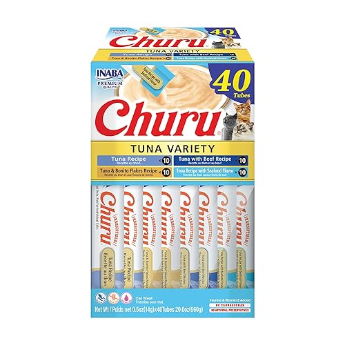 INABA Churu Cat Treats, Grain-Free, Lickable, Squeezable Creamy Purée Cat Treat/Topper with Vitamin E & Taurine, 0.5 Ounces Each Tube, 40 Tubes, Tuna Variety Box - Tuna Variety - 0.5 Ounce (Pack of 40)