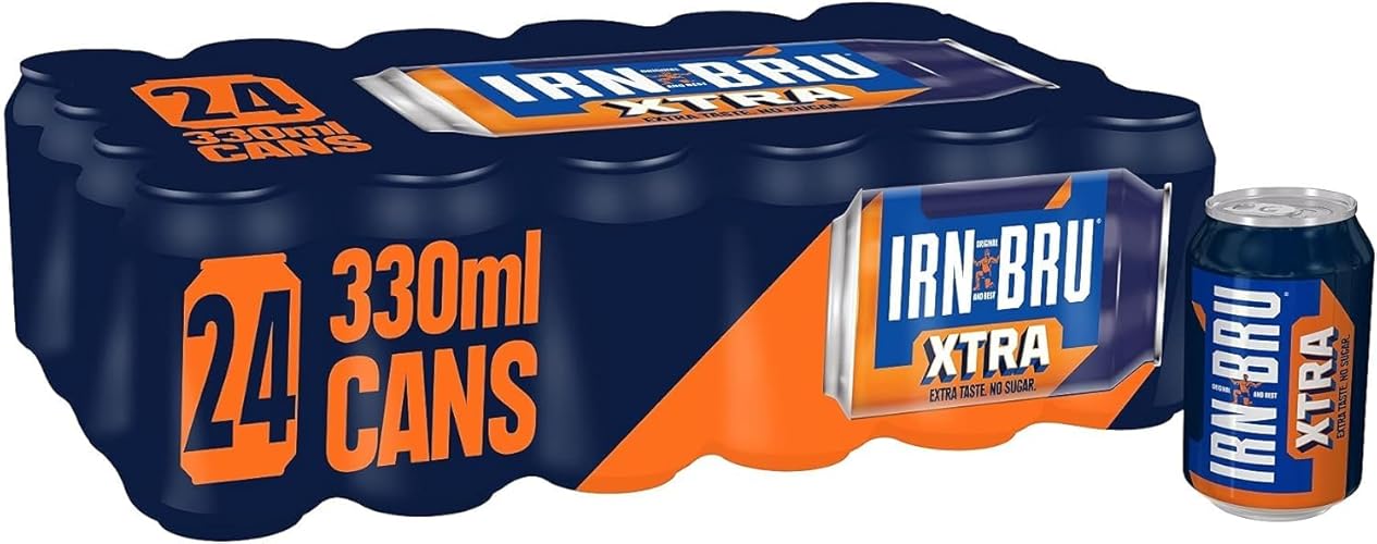 IRN-BRU XTRA, 24 Pack Zero No Sugar & Low Calorie Fizzy Drinks Multipack Cans with XTRA Taste - 24 x 330ml Cans - XTRA Taste No Sugar - 330ml - 24 Cans