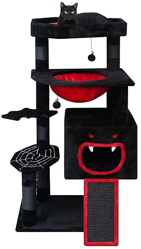 YARUOMY Gothic Cat Tree, 120cm Black Cat Tower with Coffin Bed, Spooky Spacious Cat Condo, Coffin Bed with Thickened Soft Cushion, Sisal Scratching Posts, Scratching Ramp and Comfort Basket，Halloween
