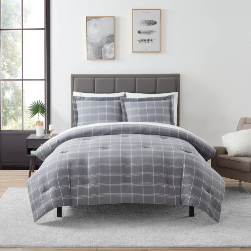 7 Piece Comforter Set Bag Solid Color All Season Soft Down Alternative Blanket & Luxurious Microfiber Bed Sheets, Queen, Gray Plaid