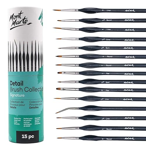 Mont Marte Detail Paint Brush Collection, 15 Piece, Taklon Bristles, Suitable for Acrylic, Oil, Watercolour and Gouache Paints, Includes Storage Bag - Standard