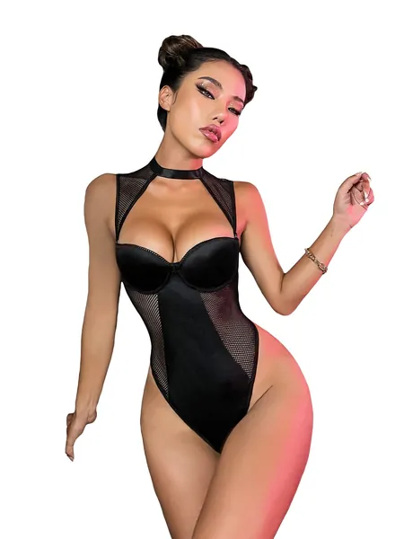 WDIRARA Women's Mesh Cut Out Teddy One Piece Underwire Choker Lingerie Bodysuit