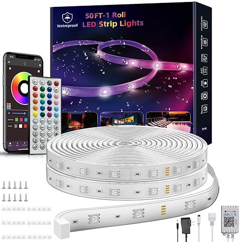 Ledagic Outdoor Led Strip Lights Waterproof 50ft (1 Roll), Ip65 Outside Led Light Strip Waterproof with Remote and App Control, Exterior Led Rope Lights Music Syne RGB Strip Lights for Bedroom Decor - 50 ft