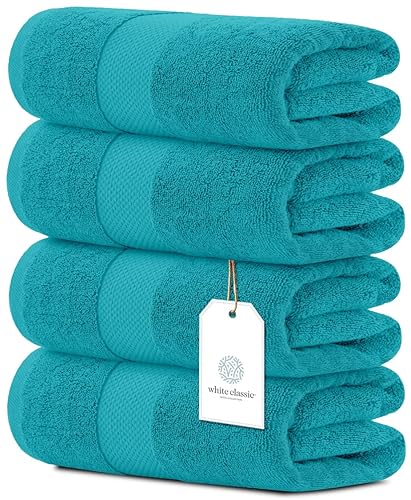 White Classic Luxury Bath Towels Large | 700 GSM Cotton Absorbent Hotel Bathroom Towel | 27x54 Inch | 4 Pack | Aqua - Ocean Aqua - 4