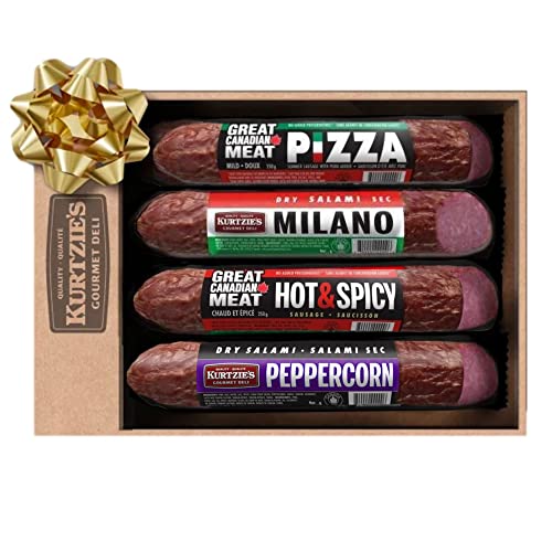 Tasty Flavour Gourmet Salami Gift Box - PIZZA, Hot & Spicy, Milano, Peppercorn, Salami Sticks For Charcuterie Boards, Gift Baskets, Premium Variety Sampler Salami Meat Snacks Box For Carnivores & Meat Lovers - Great Canadian Meat - Gluten Free