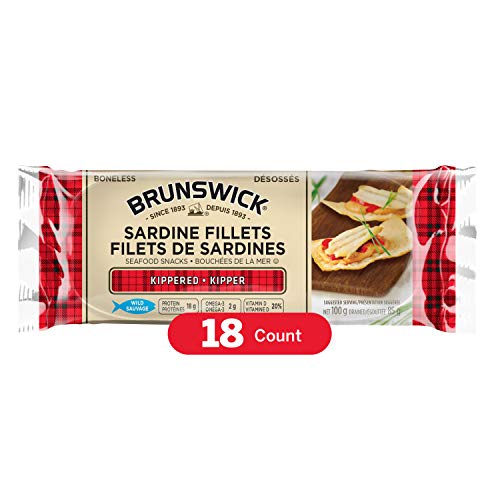 Brunswick Sardine Fillets Seafood Snacks Kippered 100g, 18 Count - Canned Sardines – High in Protein - Contains Omega-3 – Excellent Source of Vitamin D – Ready to Eat