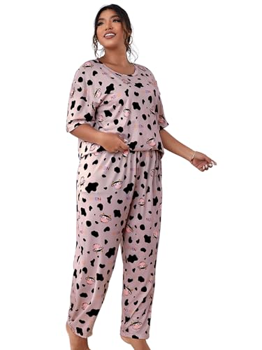 WDIRARA Women's 2 Piece Sleepwear Cow Print Short Sleeve Top and Pants Pj Set 