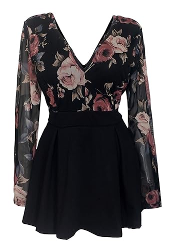 eVogues Plus Size Lace Overlay Romper Dress - 2X - Black Floral Print 1915