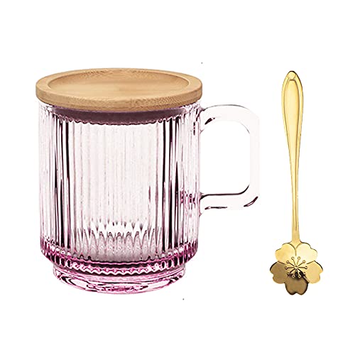 Yalucky Clear Iridescent Coffee Mug with Lid and Sakura Spoon Tea Cups Glass Mugs Pretty Cute Mug for Milk Latte Chocolate Juice Water for Women Men Birthday Christmas(pink) - Pink