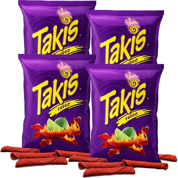 Takis Fuego Hot Chili Pepper & Lime Tortilla Chips, 4oz Bag (4-Pack) - 4 Ounce (Pack of 4)